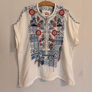 Johnny Was White Cotton Embroidered Floral Tunic with Blue & Red Accents